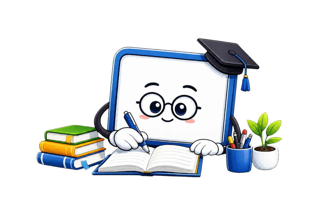 Friendly Eduule education mascot writing in a notebook