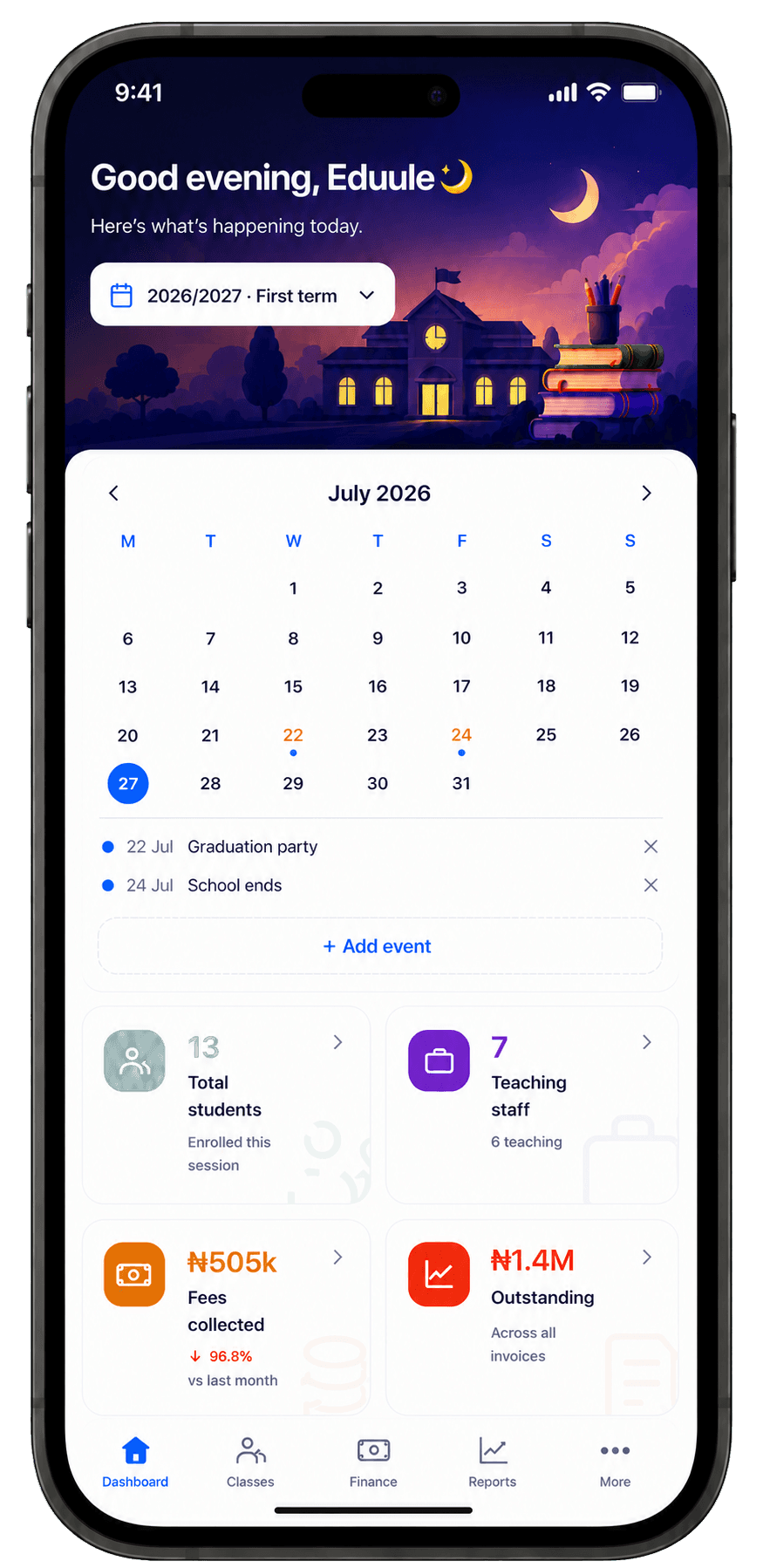 Eduule mobile school dashboard shown inside its phone frame