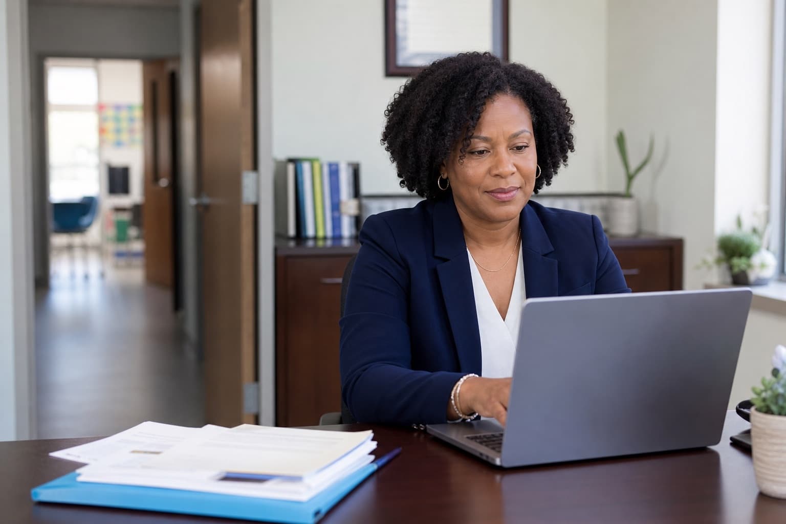 School leader reviewing information on a laptop